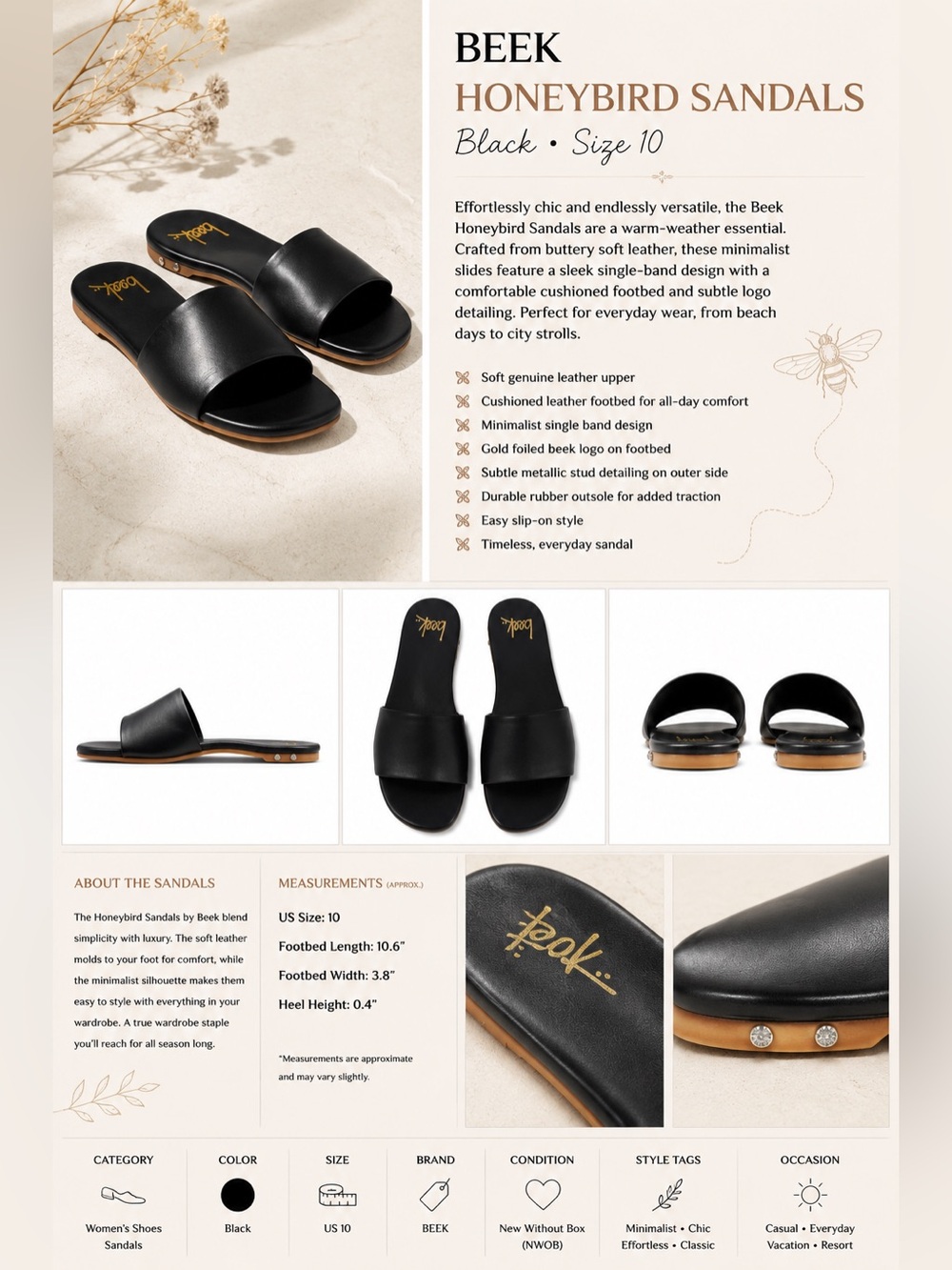 Beek Honeybird Black Leather Slide Sandals Size 10